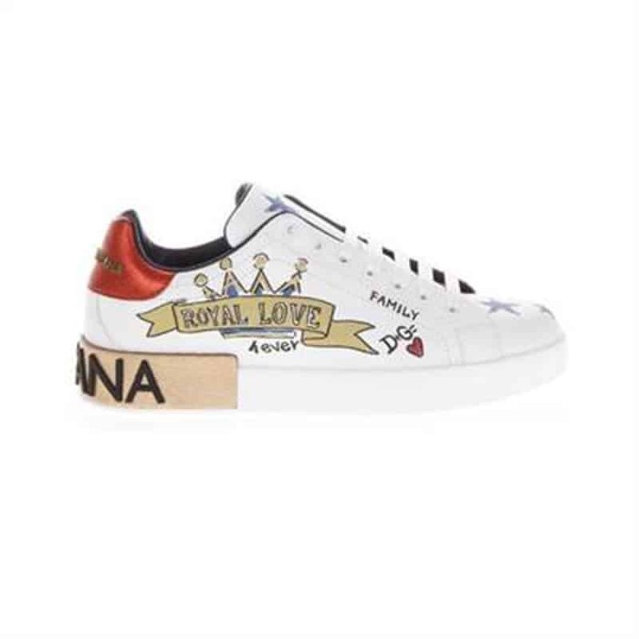 DOLCE AND  G@BB@N@ LEATHER ROYAL LOVE PRINT SNEAKERS IN WHITE    DG103