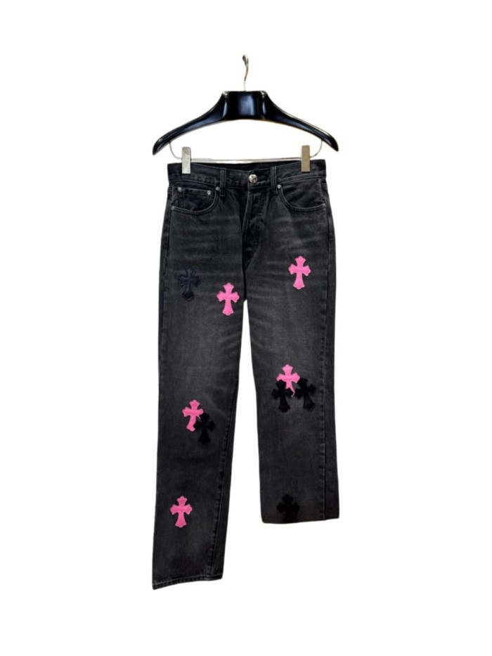 1:1 quality version  black & pink cross appliqué washed straight-leg jeans 28959382