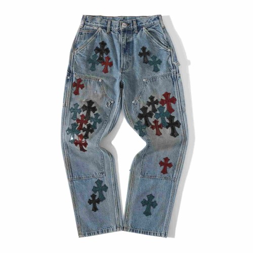 1:1 quality version Black Red Teal Cross Patched Light Blue Washed Carpenter Denim Jeans 29082300