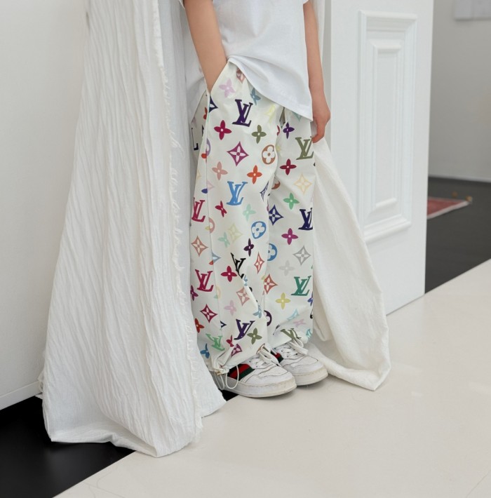 Multicolor Monogram Drawstring Waist Wide-Leg Pants for Kids 29008613