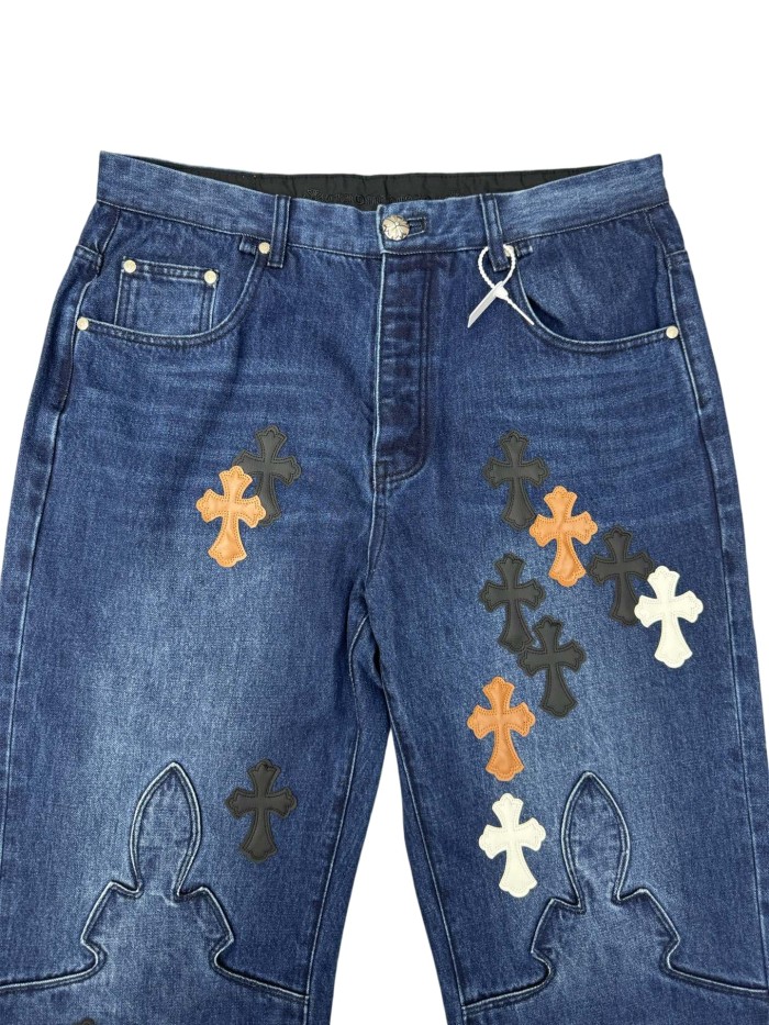 1:1 quality version Distressed Blue Multi-Color Cross Leather Patch Jeans 28903074