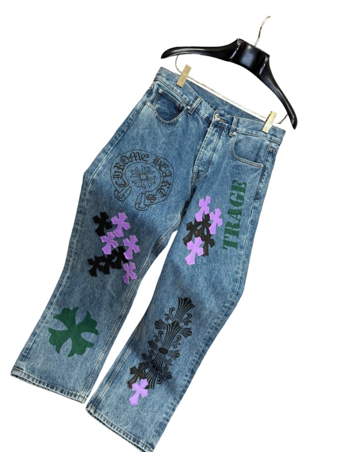 1:1 quality version  black & purple color-block cross leather prints jeans 28959500