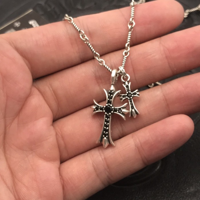 Sterling Silver CH and Diamond Double Cross Necklace 12 colors