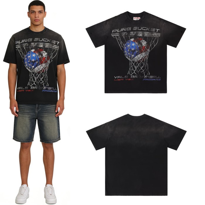 Pure Bucket Basketball Print T-Shirt Black Vintage Cotton Streetwear Tee 28978037