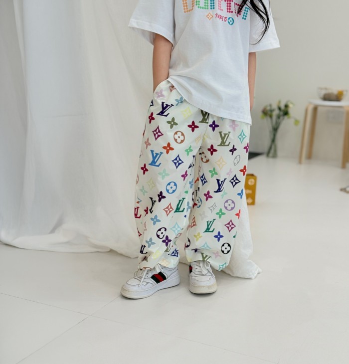 Multicolor Monogram Drawstring Waist Wide-Leg Pants for Kids 29008613