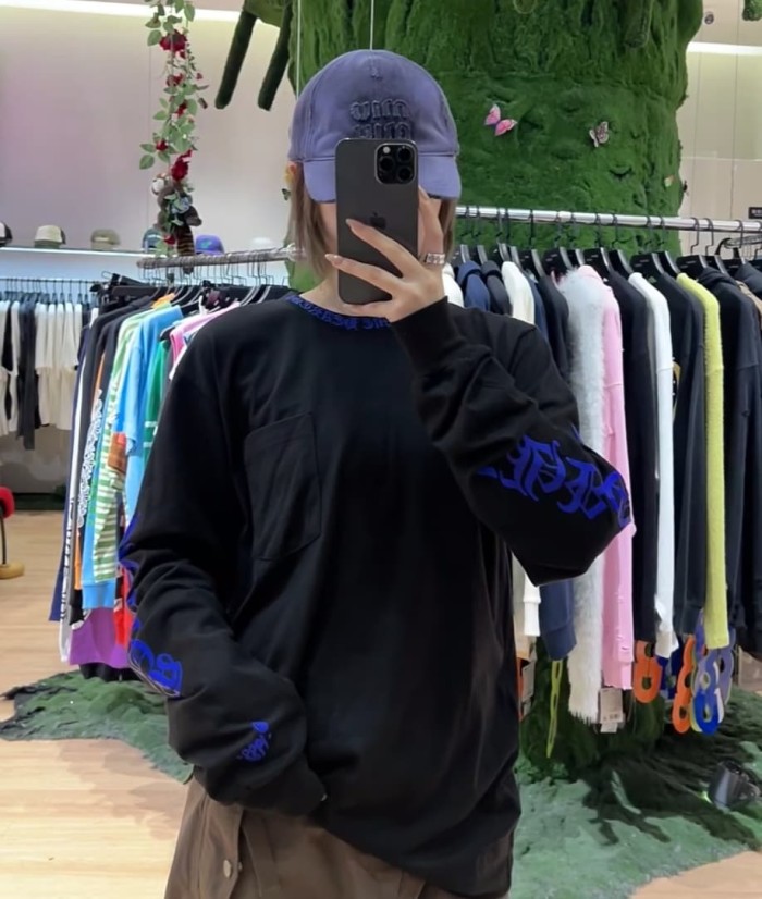 1:1 quality version Blue Ink Print Pocket Long Sleeve T-Shirt 28946646