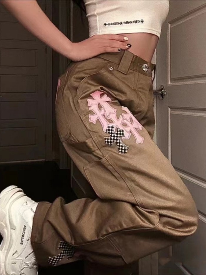1:1 quality version Pink Leather Cross Pure Silver Button Khaki Work Pants