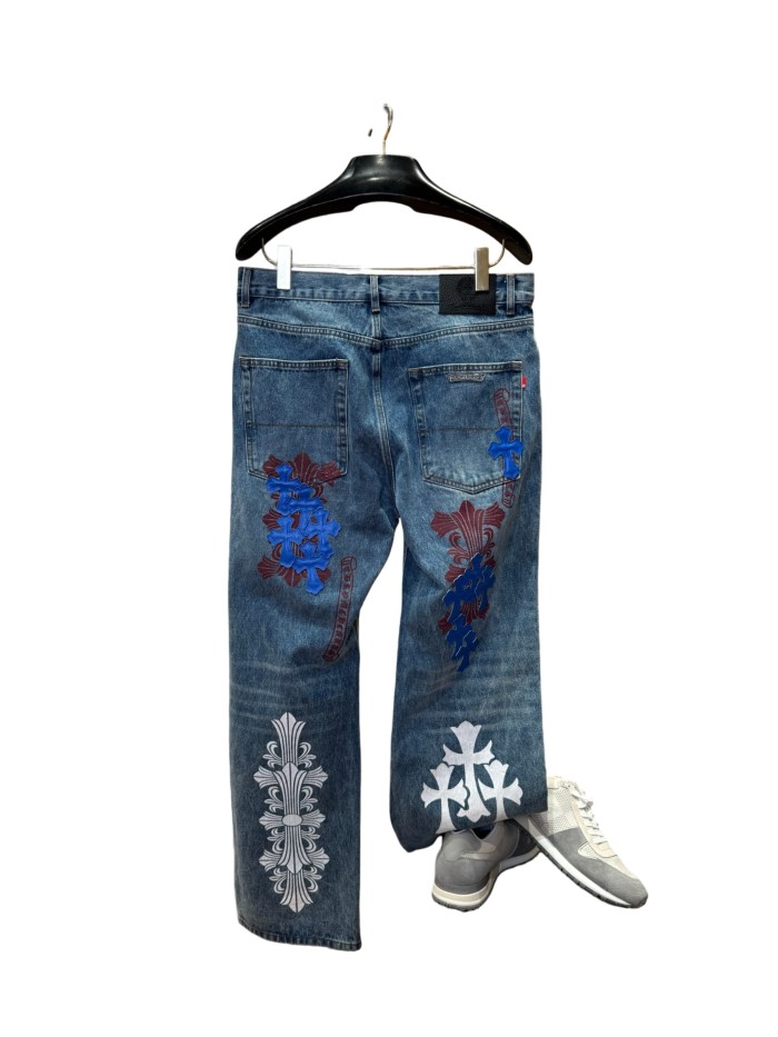 1:1 quality version  blue crosses and red flower appliqués washed blue jeans 28959455