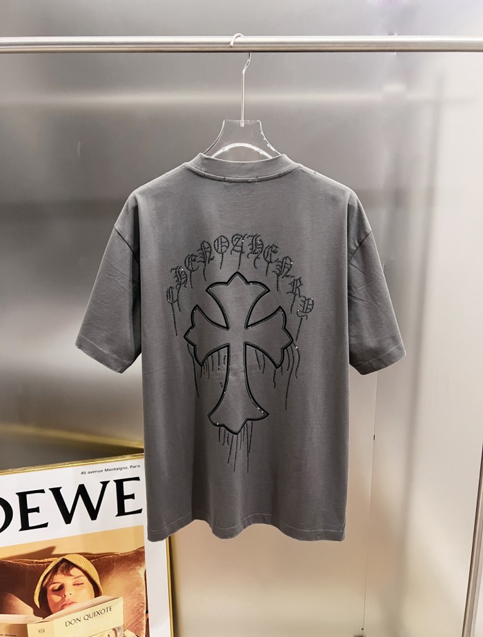 1:1 quality version Dripping Cross Rhinestone Printed Printed  Vintage Tee 2 colors 29082498