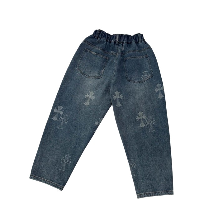 Cross Pattern Washed Elastic Waist Denim Pants for Kids 29008992