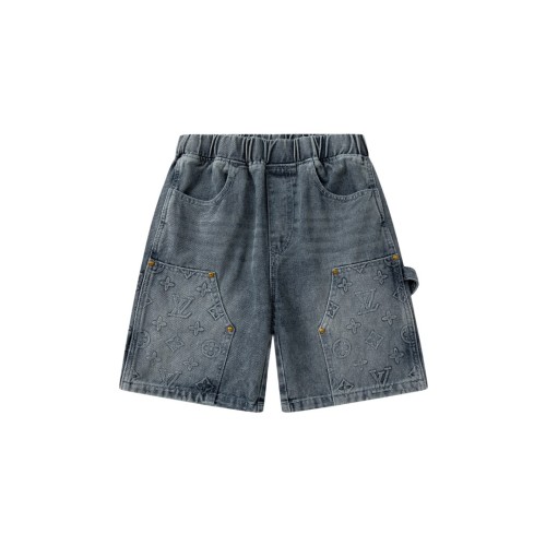 Embossed Monogram Rivet Pocket Washed Denim Shorts for Kids 29006099
