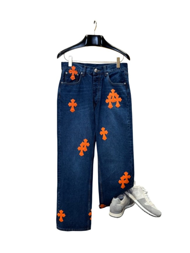 1:1 quality version orange cross leather appliqués washed jeans 28959532