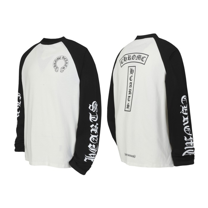Black and White Color-Blocked Sleeve Sanskrit Letter Print Long Sleeve T-Shirt 28661876