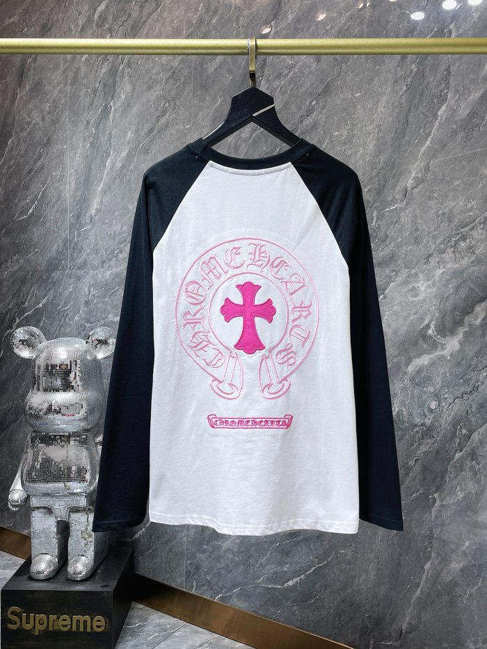 Pink Horseshoe Cross Embroidered Colorblocking Long Sleeve T-Shirt