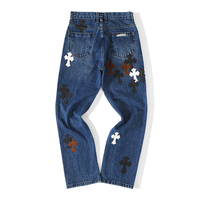 1:1 quality version Black Brown White Cross Patched Medium Blue Leg Denim Pants 29082332