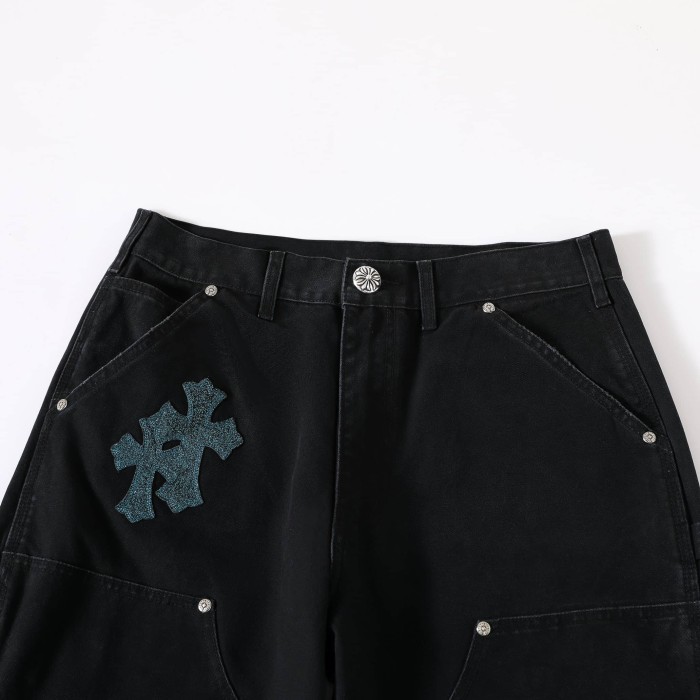 1:1 quality version Glitter Teal Cross Patched Black Straight Leg Casual Denim Jeans 29082250