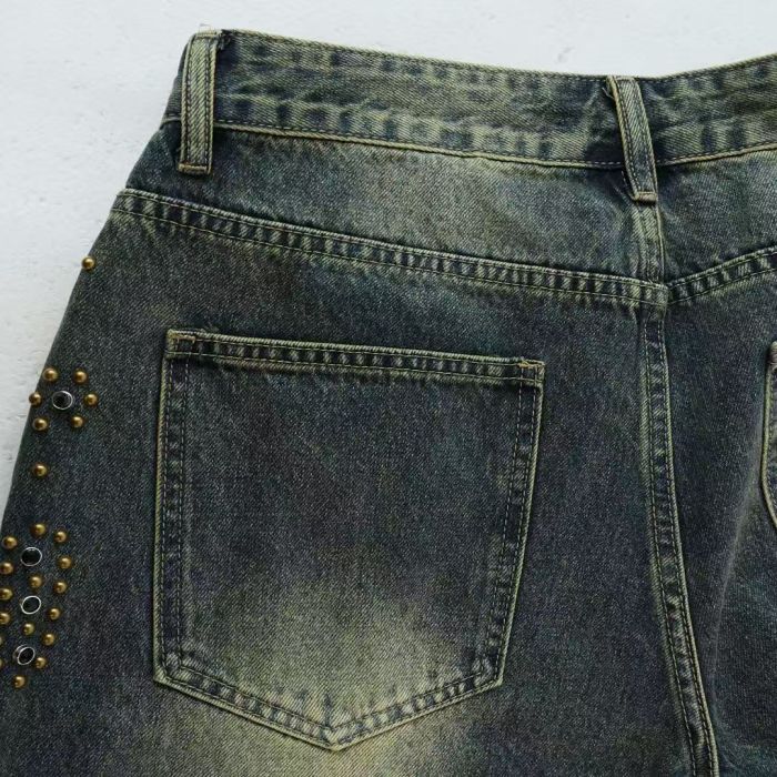Wash Studded Camo Hem Distressed Denim Shorts 2 colors 29027500