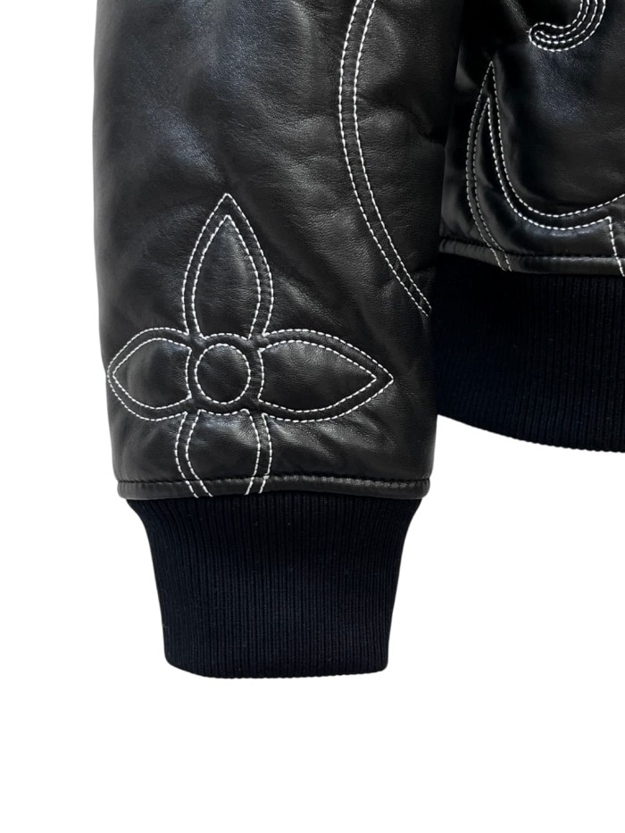 1:1 quality version Arabesque Embroidered Bomber Leather Jacket 28963888