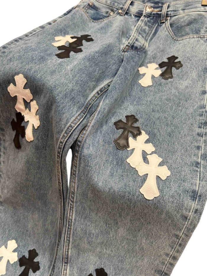 1:1 quality version  washed black and white cross leather jeans 28959651