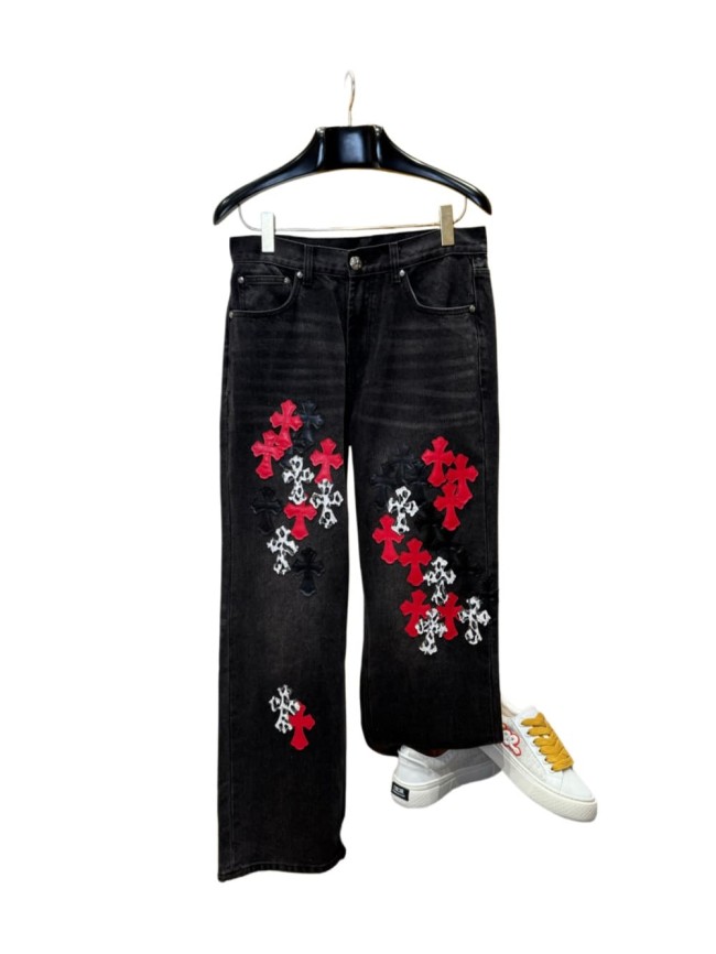1:1 quality version leopard print, flame and cross motifs heavy-duty jeans 28959669