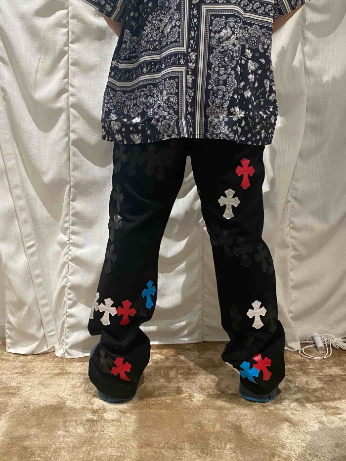 1:1 quality version  color-block cross appliqué glitter jeans 28959574