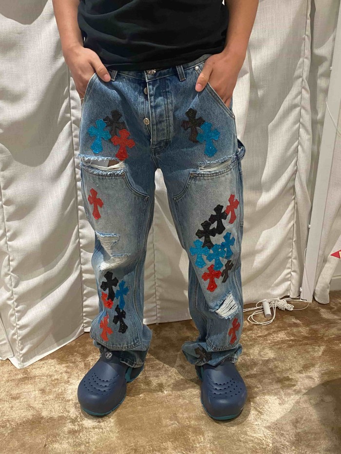 1:1 quality version  colored glitter cross distressed vintage washed jeans 28959375