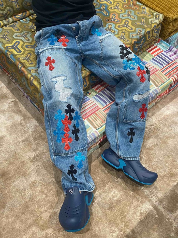 1:1 quality version  colored glitter cross distressed vintage washed jeans 28959375