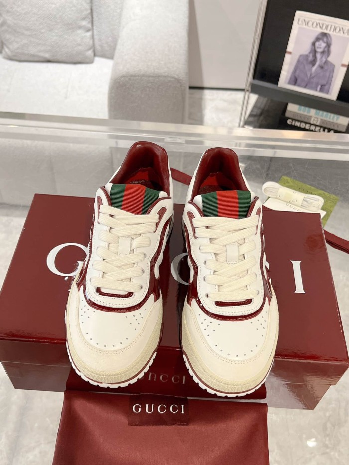 1:1 quality version Re-Web White Burgundy Leather Sneakers with Web Detail Retro Shoes 2 colors 28974481