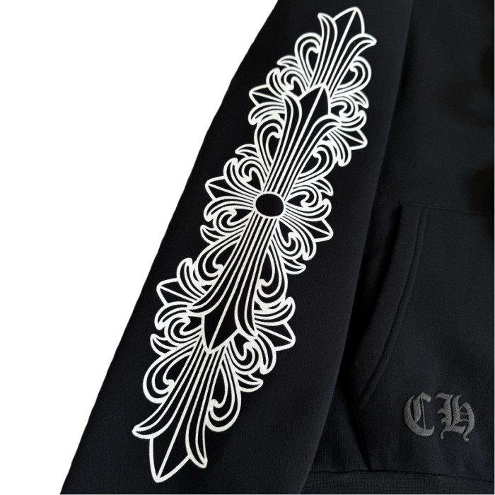 1:1 quality version Floral Sleeve Back Black Horseshoe Print Hoodie 28755502