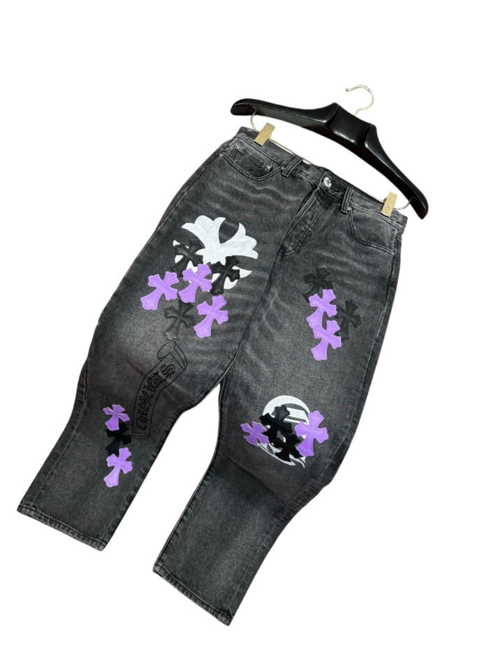 1:1 quality version  Black-Purple Cross Leather Patch Print Jeans 28960875
