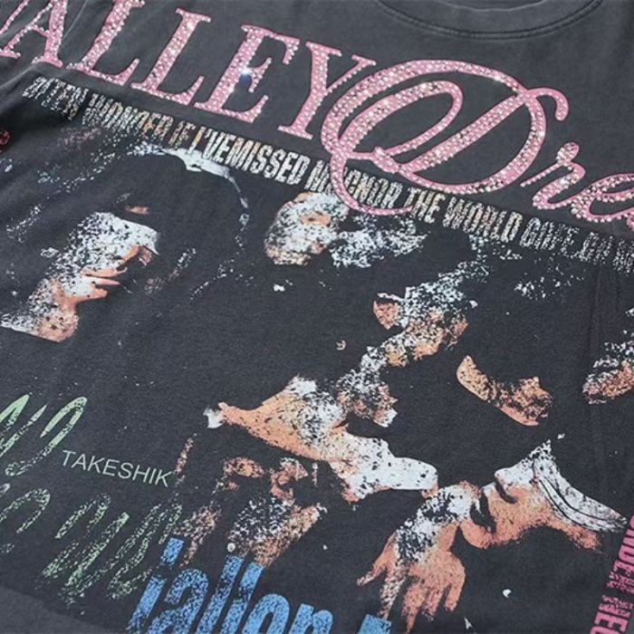 Retro Rhinestone & Portrait Graphic Washed T-Shirt 29027186