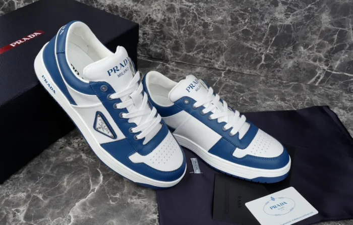 PR@DA@ DOWNTOWN LEATHER SNEAKERS IN WHITE AND LACQUER BLUE- PRD011