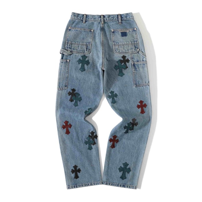 1:1 quality version Black Red Teal Cross Patched Light Blue Washed Carpenter Denim Jeans 29082300