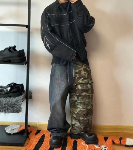 1:1 quality version Camo cloth patchwork ripped drawstring cargo jeans