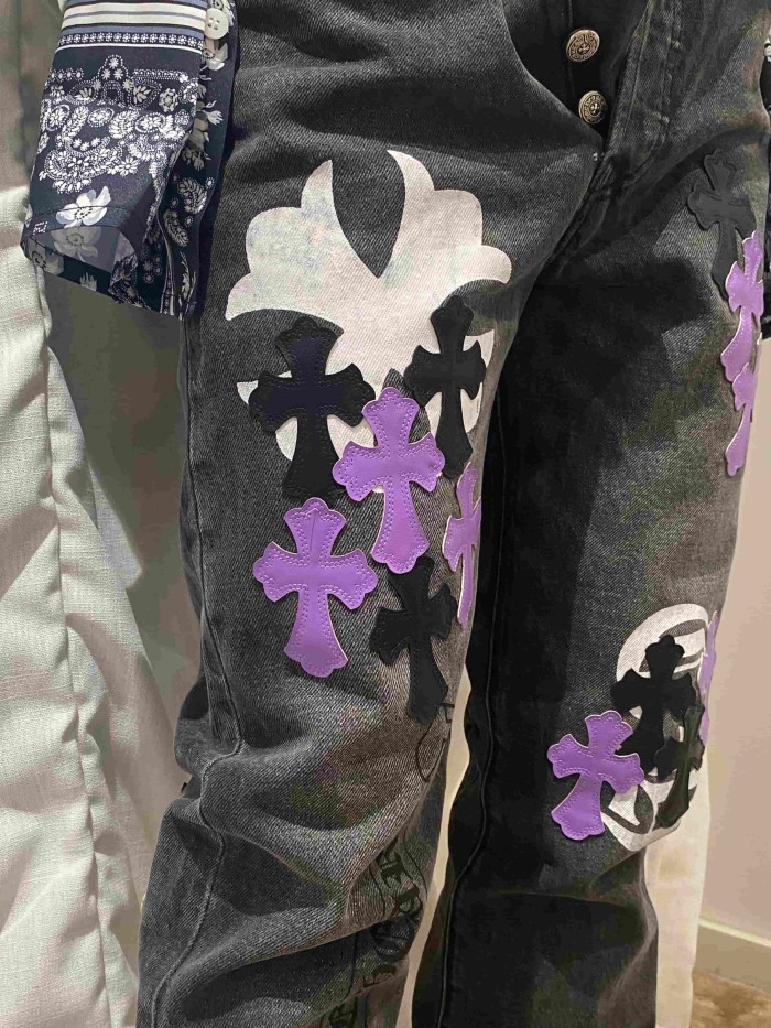 1:1 quality version  Black-Purple Cross Leather Patch Print Jeans 28960875