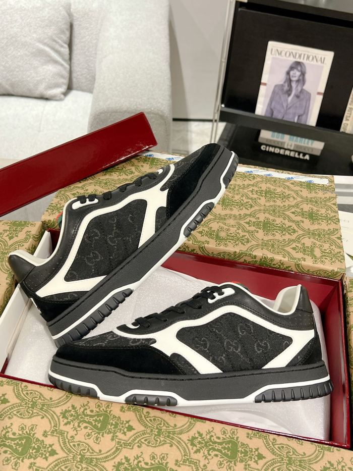 1:1 quality version Re-Web Black White GG Canvas Leather Low Top Sneakers Lace-Up Shoes 28974469