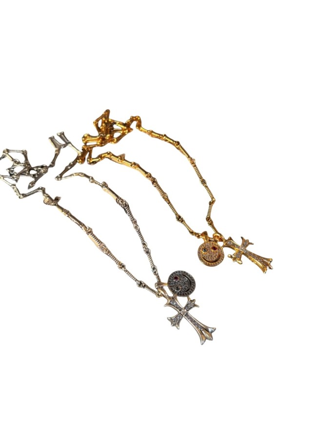 28203280 Smiley Face Full Diamond Cross Necklace 2 colors