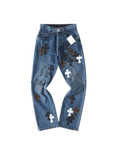 1:1 quality version Black Brown White Cross Patched Fire Medium Blue Leg Denim Pants 29082321