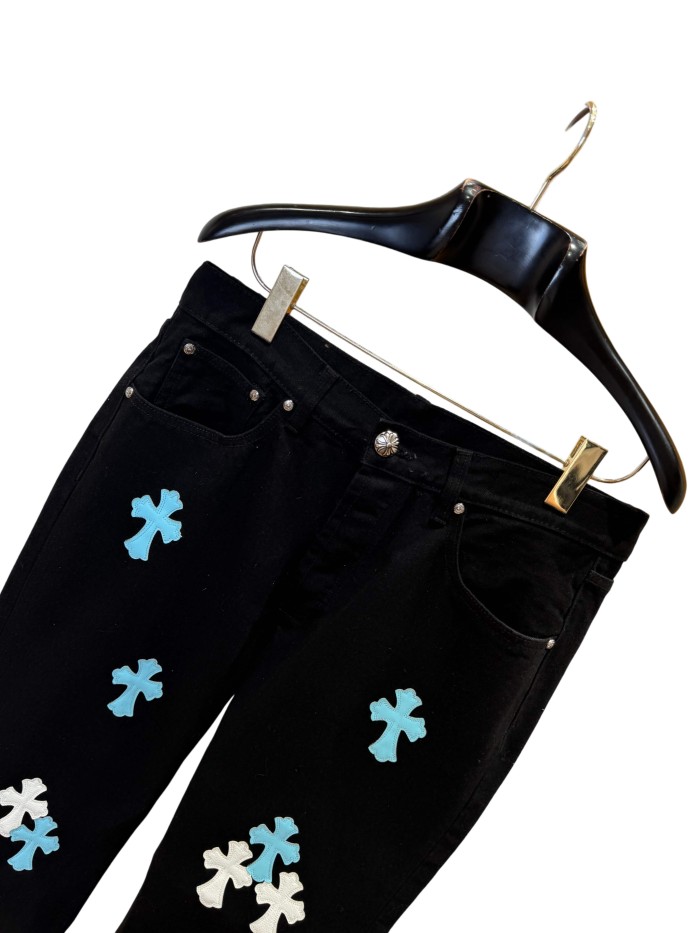 1:1 quality version  white & blue leather cross appliqué washed jeans 28959432