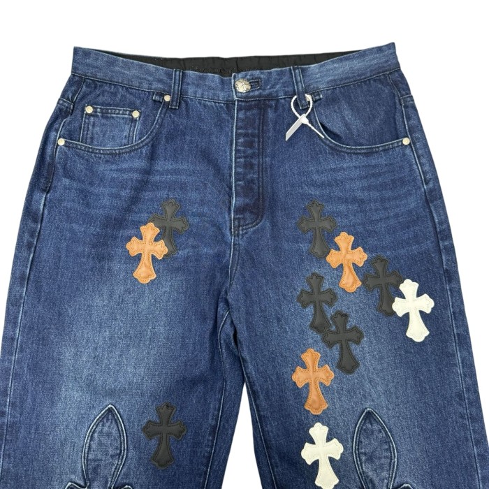 1:1 quality version Distressed Blue Multi-Color Cross Leather Patch Jeans 28903074