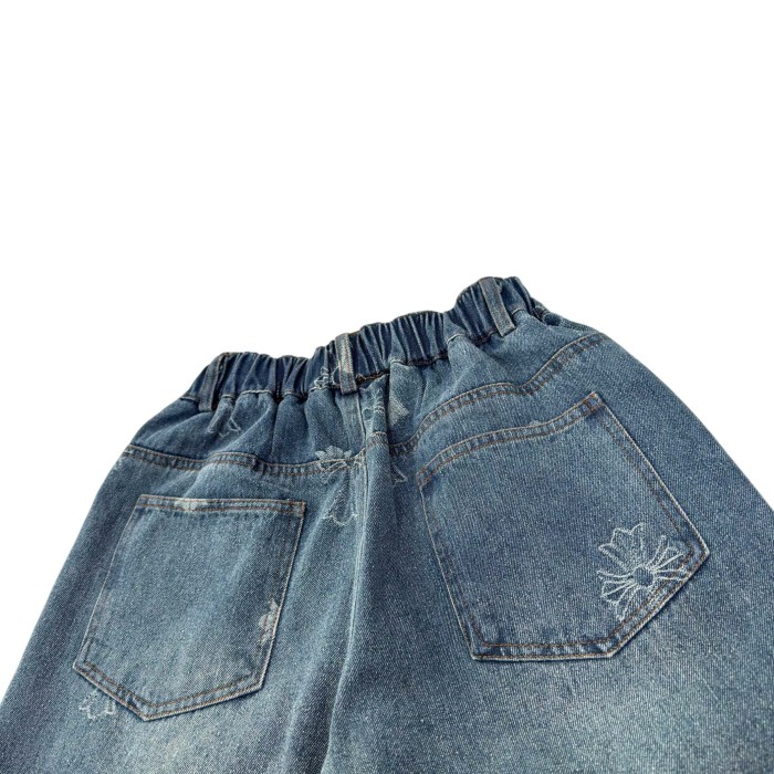 Cross Pattern Washed Elastic Waist Denim Pants for Kids 29008992