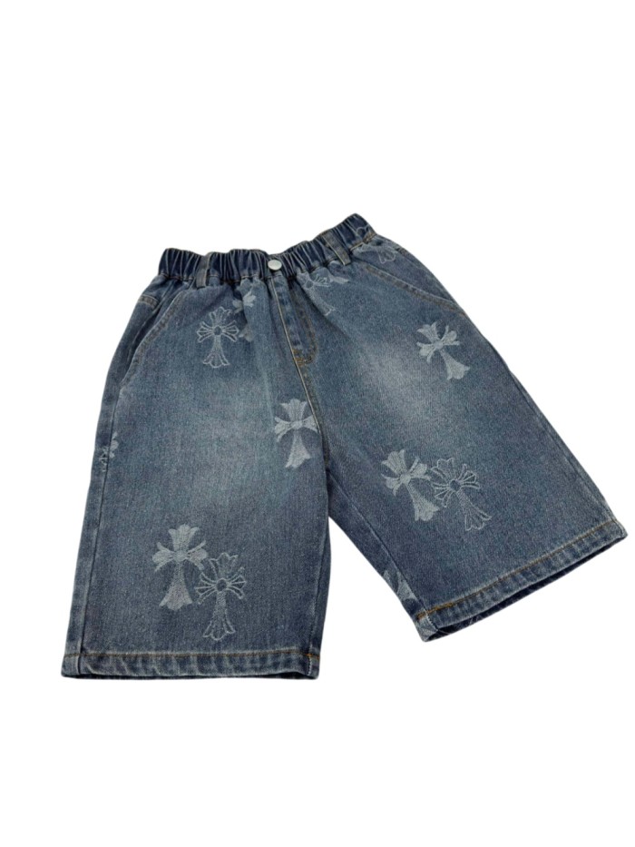 Cross Print  Washed Denim Shorts for Kids 29008975