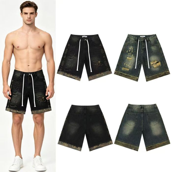 Wash Studded Camo Hem Distressed Denim Shorts 2 colors 29027500