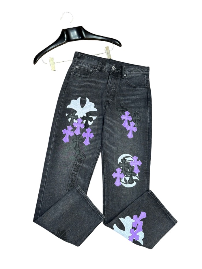 1:1 quality version  Black-Purple Cross Leather Patch Print Jeans 28960875