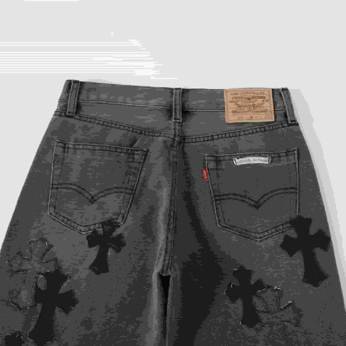 1:1 quality version Black Cross Patched Washed Charcoal Grey Straight Leg Denim Jeans 29082261