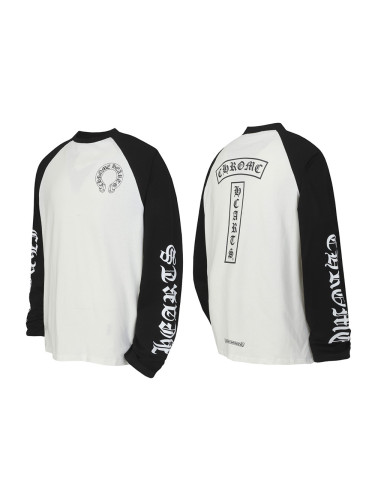 Black and White Color-Blocked Sleeve Sanskrit Letter Print Long Sleeve T-Shirt 28661876