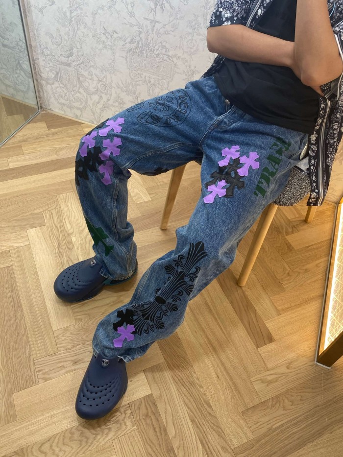 1:1 quality version  black & purple color-block cross leather prints jeans 28959500
