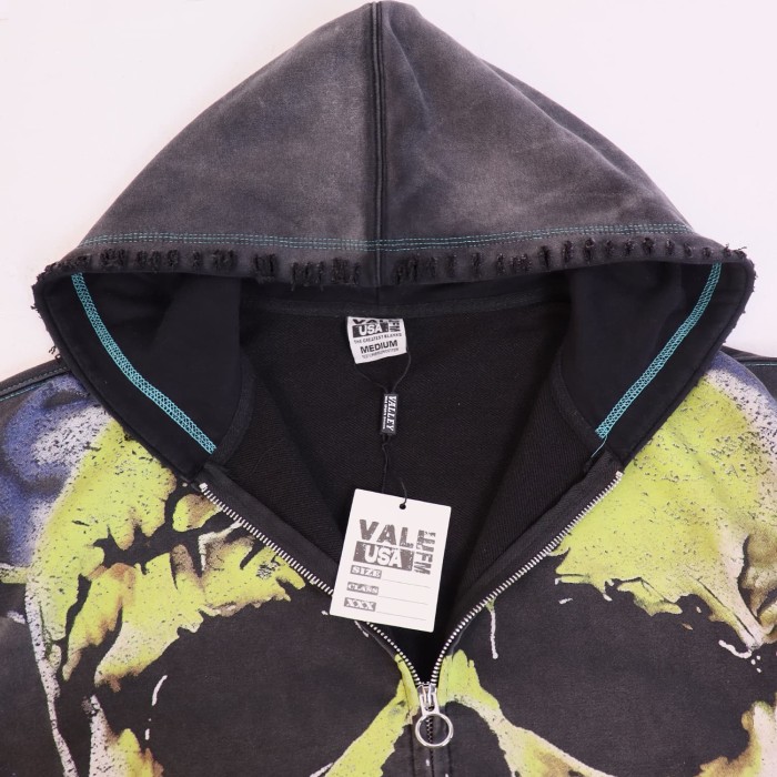 Fluorescent Skeleton Print Washed Distressed Zip-Up Cardigan Hoodie 28978994