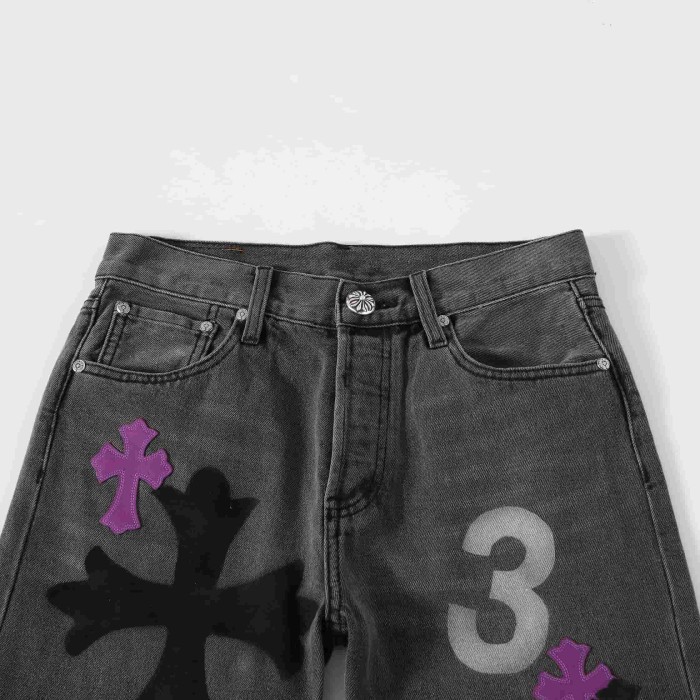1:1 quality version Purple Black Cross Patched Graffiti Straight Leg Denim Jeans 29082285