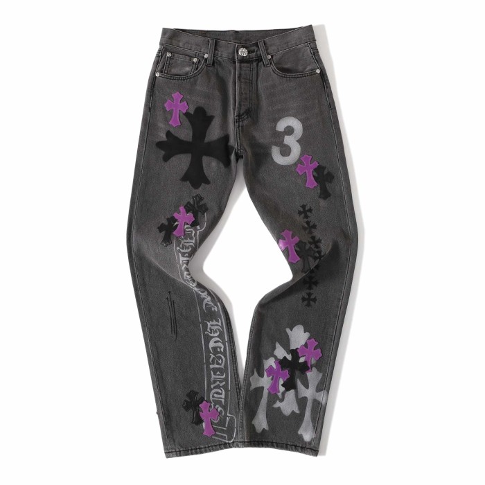 1:1 quality version Purple Black Cross Patched Graffiti Straight Leg Denim Jeans 29082285